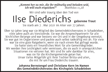 Traueranzeige von Ilse Diederichs von Mitteldeutsche Zeitung Salzlandkreis