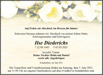 Traueranzeige von Ilse Diederichs von Trauerkombi Aschersleben