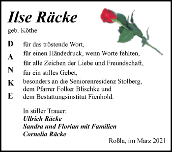 Traueranzeige von Ilse Räcke von Trauerkombi Sangerhausen