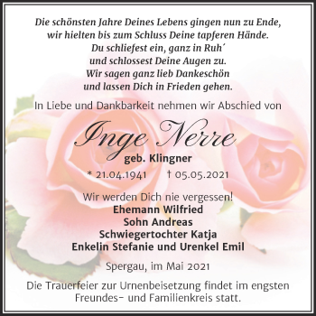 Traueranzeige von Inge Nerre von Trauerkombi Merseburg