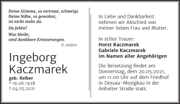Traueranzeige von Ingeborg Kaczmarek von Trauerkombi Dessau