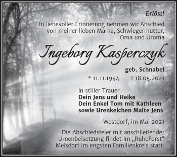 Traueranzeige von Ingeborg Kasperczyk von Trauerkombi Aschersleben