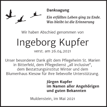 Traueranzeige von Ingeborg Kupfer von Trauerkombi Bitterfeld