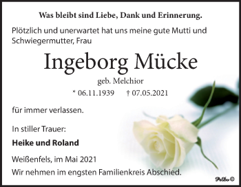 Traueranzeige von Ingeborg Mücke von Trauerkombi Weißenfels