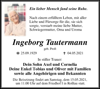 Traueranzeige von Ingeborg Tautermann von Mitteldeutsche Zeitung Dessau-Roßlau
