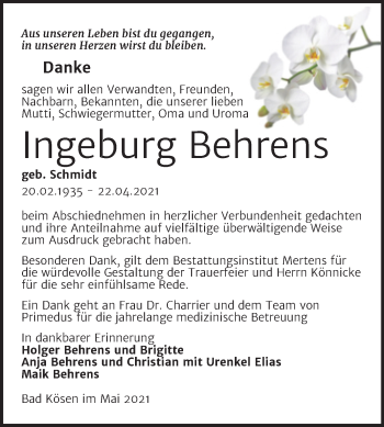 Traueranzeige von Ingeburg Behrens von Wochenspiegel Naumburg/Nebra