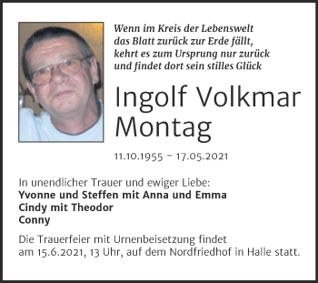 Traueranzeige von Ingolf Volkmar Montag von Mitteldeutsche Zeitung Halle/Saalkreis