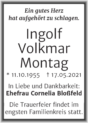 Traueranzeige von Ingolf Volkmar Montag von Mitteldeutsche Zeitung Halle/Saalkreis