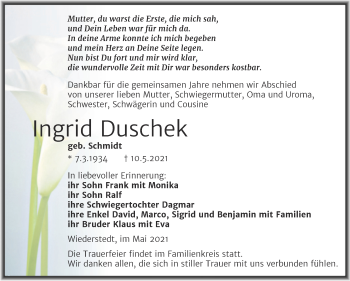 Traueranzeige von Ingrid Duschek von Trauerkombi Mansfelder Land