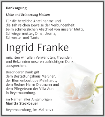 Traueranzeige von Ingrid Franke von Trauerkombi Sangerhausen