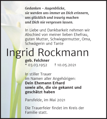 Traueranzeige von Ingrid Rockmann von Trauerkombi Quedlinburg