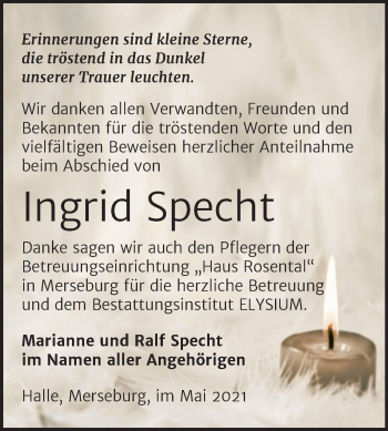 Traueranzeige von Ingrid Specht von Mitteldeutsche Zeitung Halle/Saalkreis