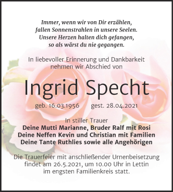 Traueranzeige von Ingrid Specht von Mitteldeutsche Zeitung Halle/Saalkreis