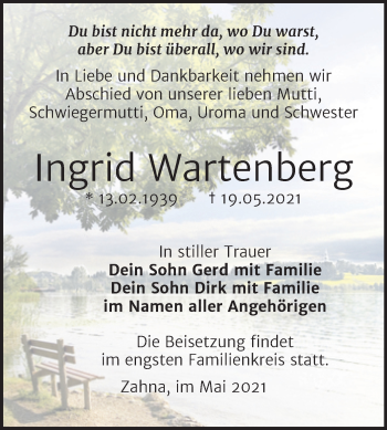 Traueranzeige von Ingrid Wartenberg von Trauerkombi Wittenberg