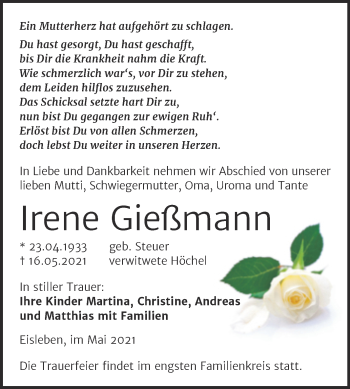 Traueranzeige von Irene Gießmann von Trauerkombi Mansfelder Land