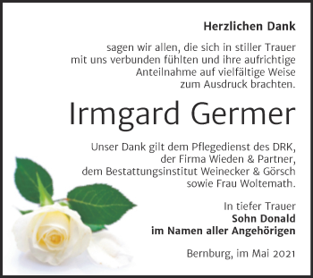Traueranzeige von Irmgard Germer von Trauerkombi Bernburg