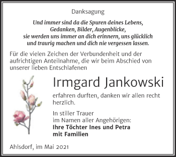 Traueranzeige von Irmgard Jankowski von Trauerkombi Mansfelder Land