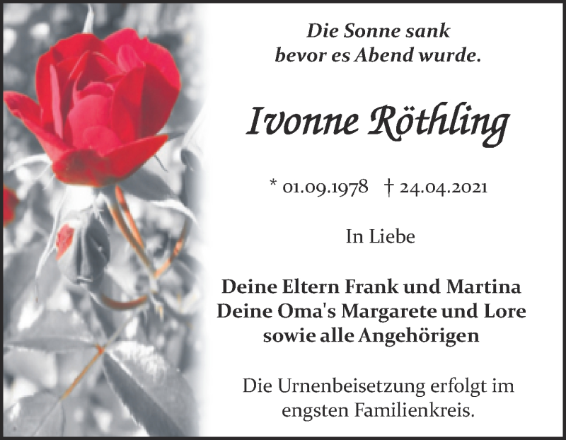  Traueranzeige für Ivonne Röthling vom 15.05.2021 aus Mitteldeutsche Zeitung Bitterfeld