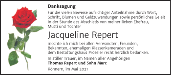 Traueranzeige von Jacqueline Repert von Trauerkombi Bernburg
