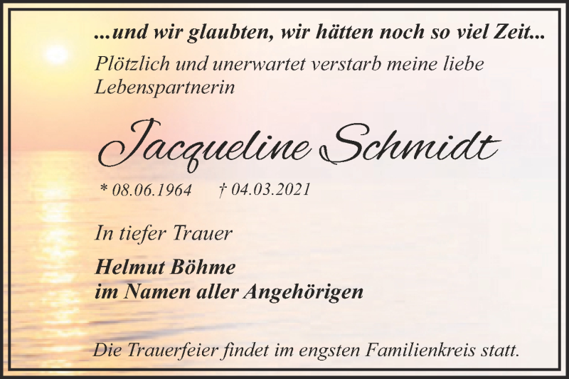 Traueranzeige für Jacqueline Schmidt vom 15.05.2021 aus Trauerkombi Dessau
