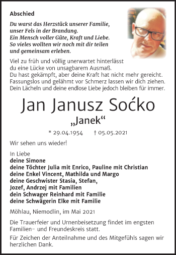 Traueranzeige von Jan Janusz Socko von Trauerkombi Wittenberg