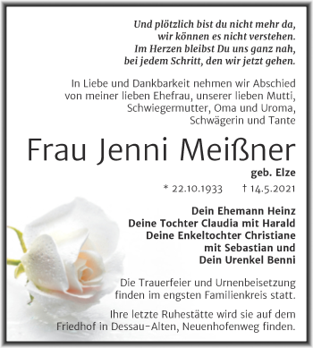 Traueranzeige von Jenni Meißner von Trauerkombi Dessau