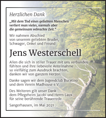 Traueranzeige von Jens Westerschell von Trauerkombi Sangerhausen