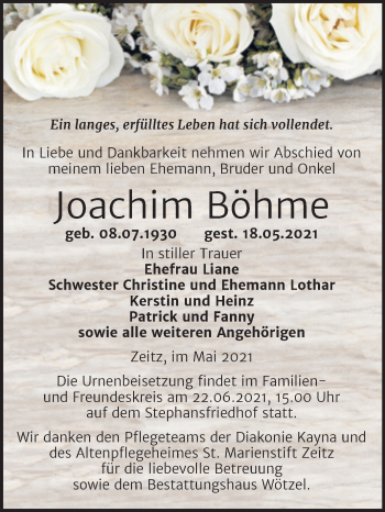 Traueranzeige von Joachim Böhme von Trauerkombi Zeitz