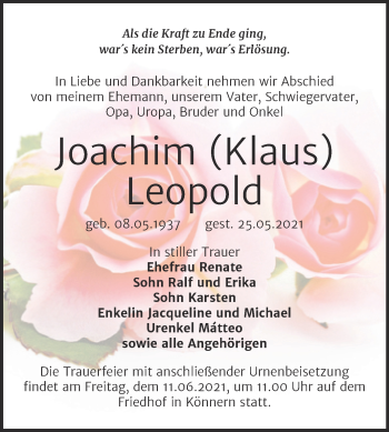 Traueranzeige von Joachim Leopold von Trauerkombi Bernburg