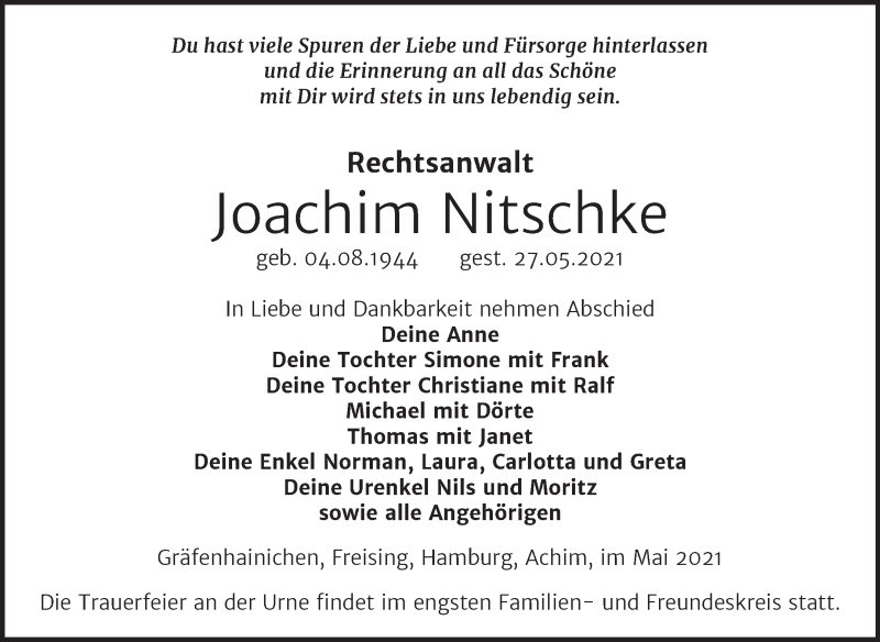  Traueranzeige für Joachim Nitschke vom 29.05.2021 aus Trauerkombi Wittenberg