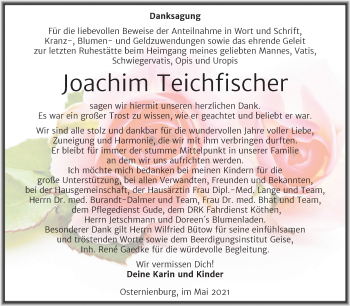 Traueranzeige von Joachim Teichfischer von Trauerkombi Köthen
