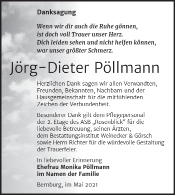 Traueranzeige von Jörg-Dieter Pöllmann von Trauerkombi Bernburg