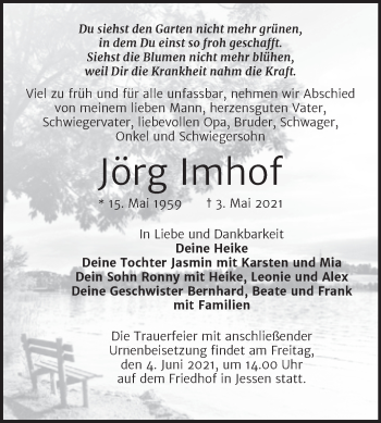 Traueranzeige von Jörg Imhof von Trauerkombi Wittenberg