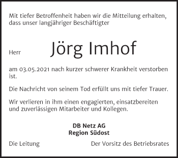 Traueranzeige von Jörg Imhof von Mitteldeutsche Zeitung