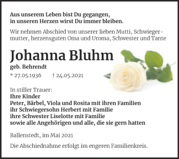 Traueranzeige von Johanna Bluhm von Trauerkombi Quedlinburg