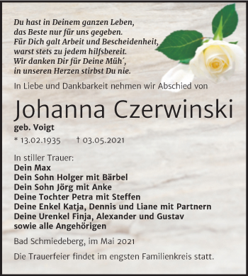 Traueranzeige von Johanna Czerwinski von Trauerkombi Wittenberg