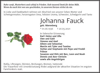 Traueranzeige von Johanna Fauck von Trauerkombi Sangerhausen