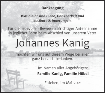 Traueranzeige von Johannes Kanig von Trauerkombi Mansfelder Land