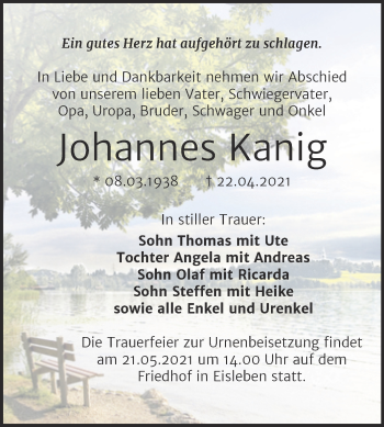 Traueranzeige von Johannes Kanig von Trauerkombi Mansfelder Land