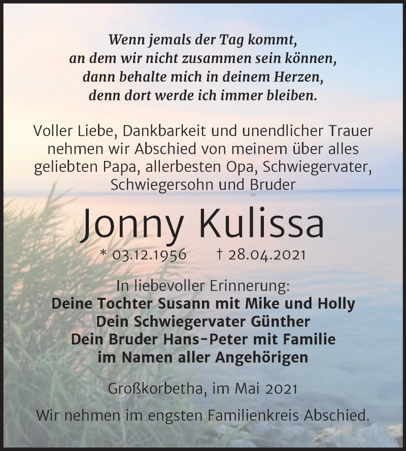  Traueranzeige für Jonny Kulissa vom 12.05.2021 aus Trauerkombi Weißenfels