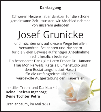 Traueranzeige von Josef Grunicke von Trauerkombi Wittenberg