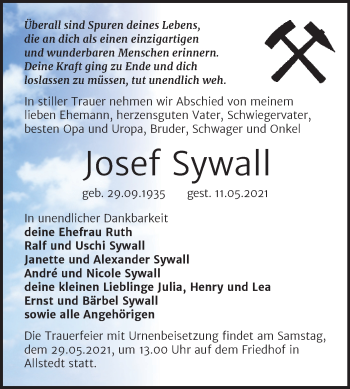 Traueranzeige von Josef Sywall von Trauerkombi Sangerhausen