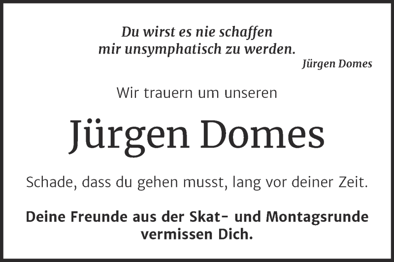  Traueranzeige für Jürgen Domes vom 15.05.2021 aus Mitteldeutsche Zeitung Halle/Saalkreis