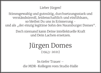 Traueranzeige von Jürgen Domes von Mitteldeutsche Zeitung Halle/Saalkreis