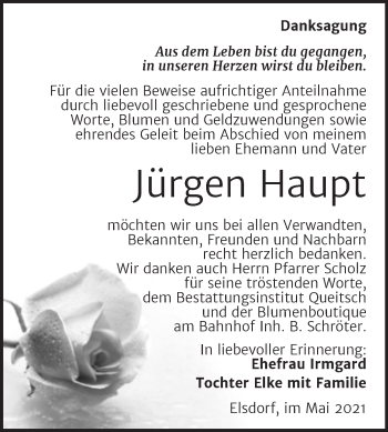 Traueranzeige von Jürgen Haupt von Trauerkombi Köthen