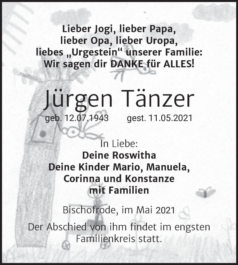  Traueranzeige für Jürgen Tänzer vom 22.05.2021 aus Trauerkombi Mansfelder Land