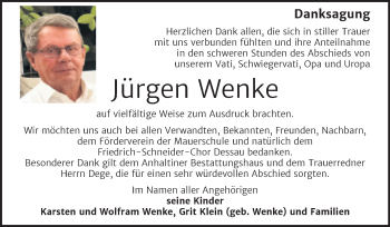Traueranzeige von Jürgen Wenke von Trauerkombi Dessau