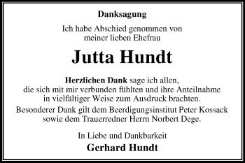 Traueranzeige von Jutta Hundt von Trauerkombi Dessau