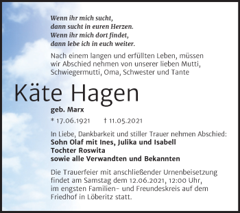 Traueranzeige von Käte Hagen von Trauerkombi Bitterfeld