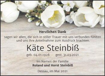 Traueranzeige von Käte Steinbiß von Trauerkombi Dessau